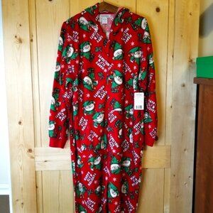 Onesies Men's One Piece "Happy Elf'n Holidays" Zip Front Hooded Onesie PJ's NWT